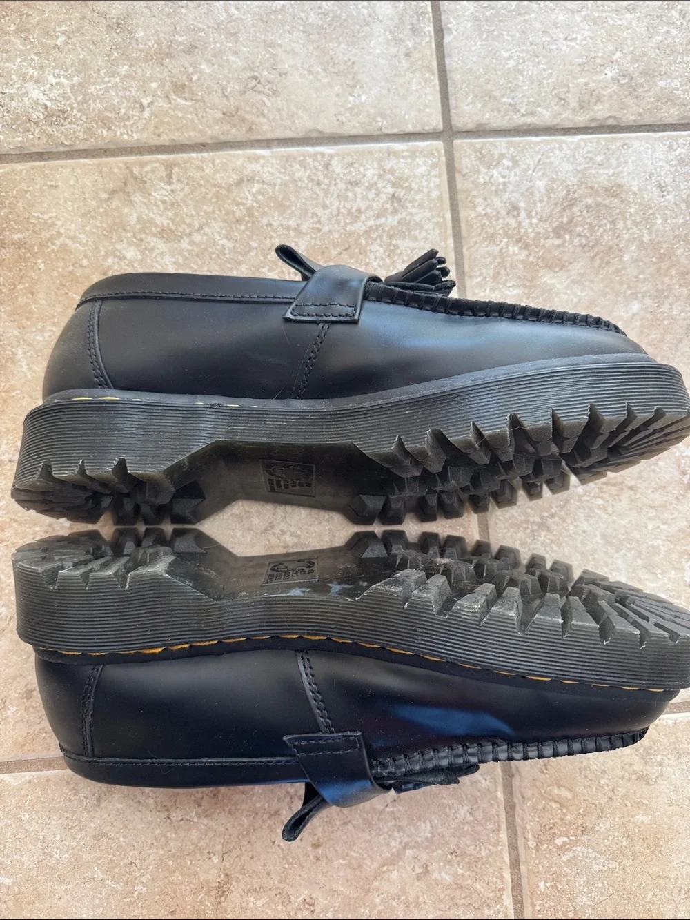 Dr. Martens Black Leather Tassel Kiltie Loafers with Yellow Stitching